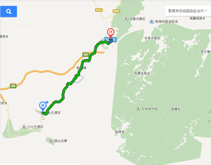 荔波→小七孔桥→水上森林→翠谷瀑布→卧龙潭→鸳鸯湖→荔波 路线图